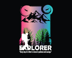 Vibrant Explorer Silhouette with Mountain and Forest Gradient Design