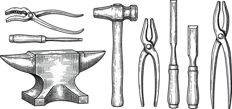 Set of hand drawn sketch of blacksmith anvil hammer and metalworking tools illustration