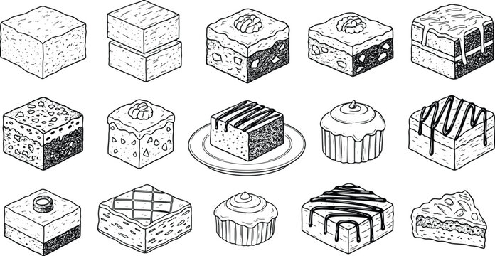 Set of hand drawn sketch of chocolate brownies cake and cupcakes dessert illustration