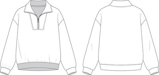 Men half zip pullover sweatshirt, fashion technical flat sketch, front and back view, casual modern apparel illustration, vector design template © MstFulmoti