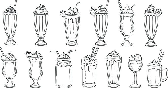 Set of hand drawn milkshakes ice cream and sweet drinks in glasses doodle illustration