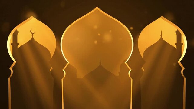 Golden mosque domes with sunbeams shining through against a dark background, creating a warm and peaceful atmosphere.