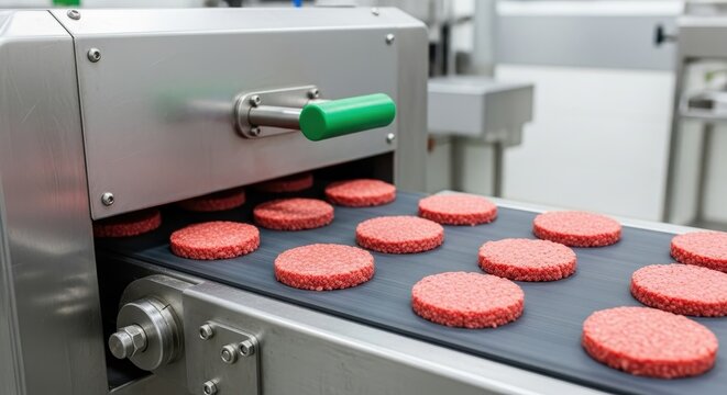 Raw burger patties moving along a conveyor belt in a food processing factory