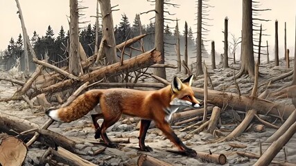 Deforestation. Environment conservation. Ecosystem. A vivid portrayal of a red fox in a natural setting, possibly a forest clearing. The fox is depicted in a dynamic pose.