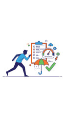 Fototapeta premium Man Running Towards Checklist and Gauge with Umbrella Protection.
