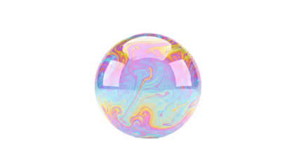 Soap bubble with iridescent swirling colors on white background
