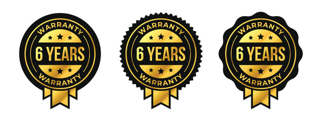 6 years warranty logo set with golden ribbon and stars in circle vector illustration. For icon, sign, symbol, badge, stamp, seal, label, shield, stickers, certificate, seal, lifetime, illustration