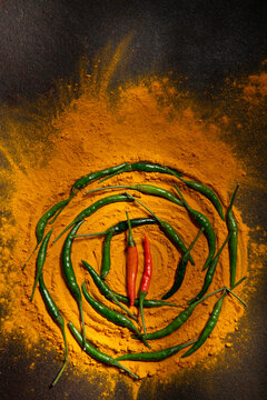 Turmeric and fresh red and green chili 