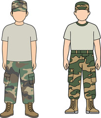 Fototapeta premium Flat vector illustration of male soldiers wearing military camouflage pants, caps, and t-shirts isolated on a white background