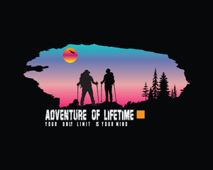 Mountain Hikers Silhouette at Sunset