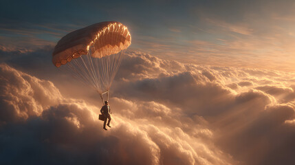 Obraz premium Conceptual image of businessman flying with parachute on back.