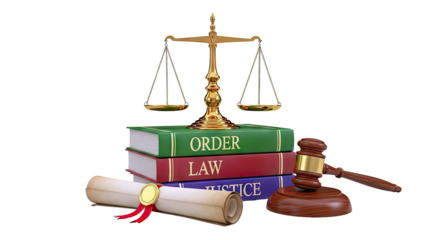 Scales of Justice, Gavel, Law Books, and Scroll