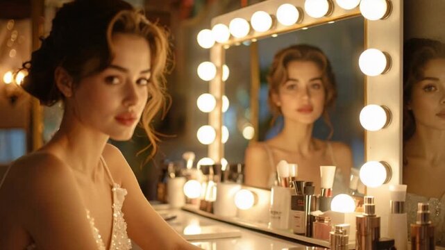 Elegant woman in front of illuminated vanity mirror with reflection