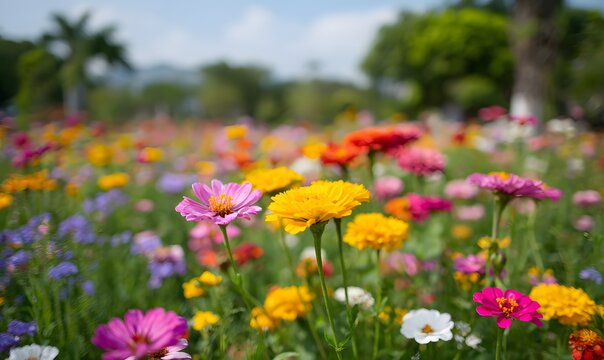 Colorful blooming flowers in the flower park, vibrant daisies and marigolds in full bloom across large areas of greenery, with a variety of red, pink, purple, blue, yellow, and white blossoms, creatin - Powered by Adobe