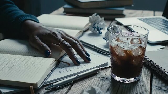 Hand Writing Notes While Sipping Iced Drink in a Creative Workspace