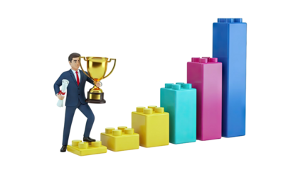 Businessman holding trophy and diploma with bar chart made of building blocks