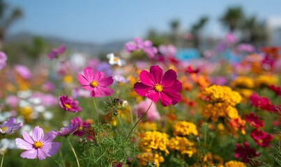 Colorful blooming flowers in the flower park, vibrant daisies and marigolds in full bloom across large areas of greenery, with a variety of red, pink, purple, blue, yellow, and white blossoms, creatin