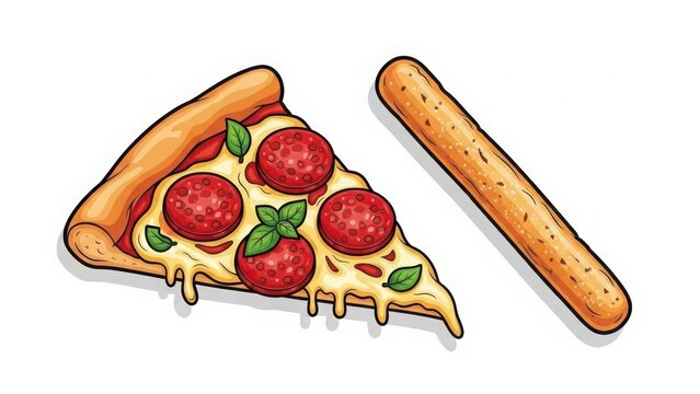 A slice of pepperoni pizza with basil and a breadstick on white background