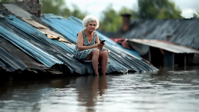 Natural disaster. Devastating loss aftermath scene. A woman sits on the edge of a dilapidated structure amidst floodwaters, using her smartphone. She is dressed in a patterned dress.