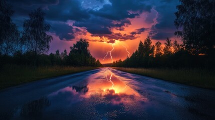 Majestic Lightning Storm Over a Reflective Road
