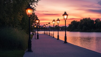 Sunset Stroll: Illuminated Pathway by the River