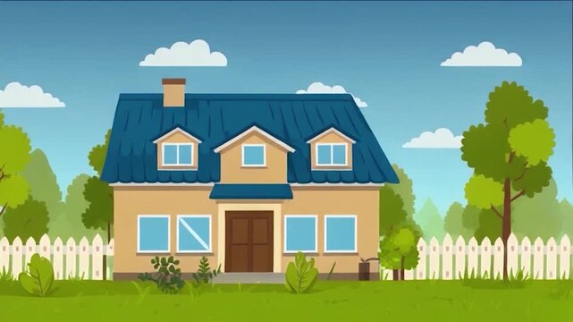 Beautiful house with blue roof and white fence in green environment.