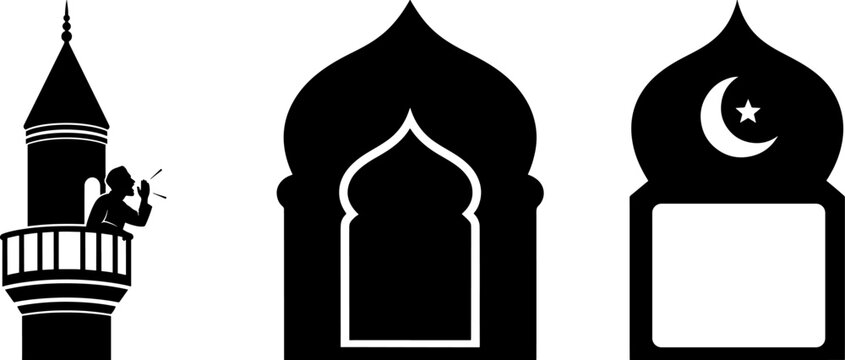 Islamic Muezzin Calling for Prayer from Minaret and Mosque Arch Window Silhouette Set for Ramadan and Eid Backgrounds