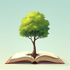 A flourishing tree growing from an open book, symbolizing knowledge, growth, and the blossoming of ideas through learning and education
