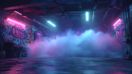 Naklejka premium Sci Fi Futuristic Smoke Fog Neon Laser and graffiti art in Garage Room,blue pink violet neon abstract background,ultraviolet light,night club Cyber Undergound Warehouse Concrete Reflective Studio