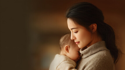 Serene portrait of mother bonding with her baby, both wearing cozy sweaters, sharing tender moment in warm soft light