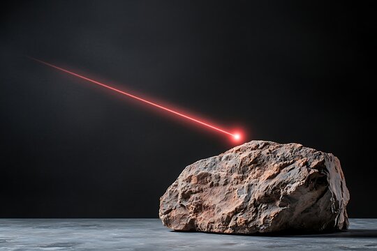 Rock with Abstract Red Laser Beam on Dark Background in Minimalist Artistic Composition