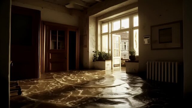 Natural disaster. Devastating loss aftermath scene. A flooded room with a view of a house through a large window. The room is filled with water, submerging the floor and walls.