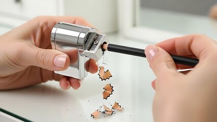 Hands sharpening a black pencil with shavings falling artistic black shavings