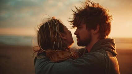 A loving couple embracing each other while watching a beautiful sunset video