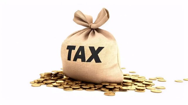 Tax return season. A3D rendered illustration of a sack labeled TAX on a pile of gold coins. The sack is made of burlap material with a knotted bow at the top.