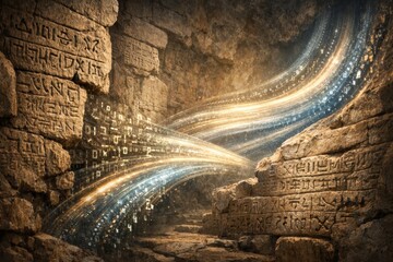 In a dark cave, ancient stone walls show glowing symbols while digital streams of light flow through the space, creating an otherworldly effect.