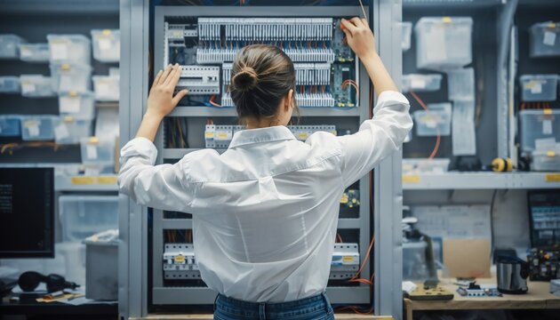 Technician Working on Server Rack in Data Center - Powered by Adobe