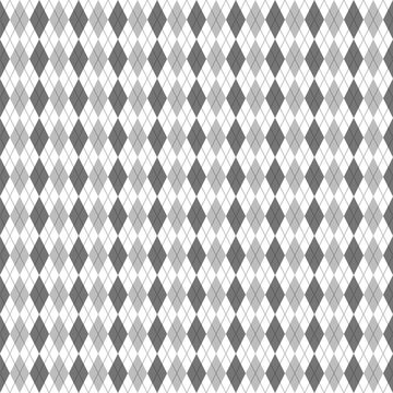 Seamless monochrome argyle pattern. White background with grey and silver diamonds. Modern minimal geometric vector texture for business wallpaper and print.
