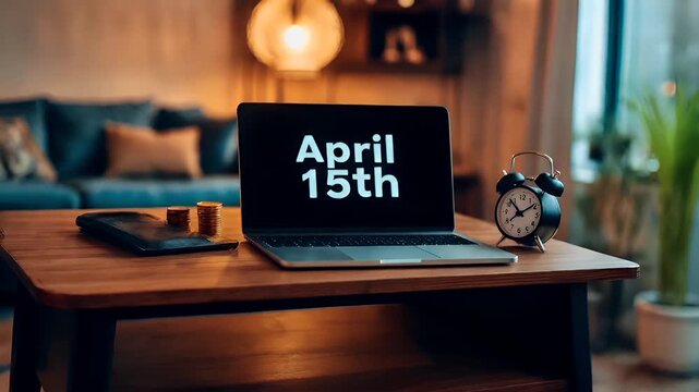 Tax return season. A closeup shot of a wooden desk with a laptop displaying the date April 15th. On the desk, there are coins, a wallet, and an alarm clock.