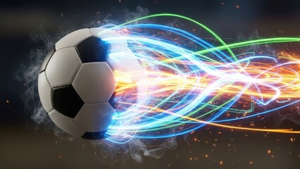 Naklejka premium A soccer ball with vibrant, swirling lights and smoke effects on a dark background, conveying energy and movement.