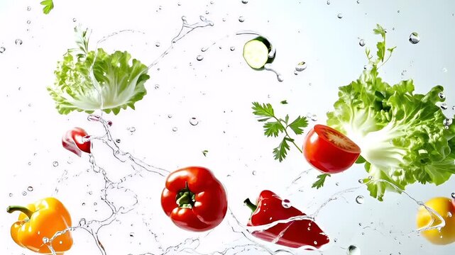 Organic food. Healthy quality lifestyle. A vivid, highresolution digital artwork featuring a splash of fresh vegetables and fruits. The main subject is a vibrant red bell pepper.