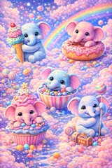 Fototapeta premium Cute baby elephants in a fantasy candy land with fluffy clouds, a bright rainbow, sweet pastries, ice cream, donuts, cupcakes, and lollipops