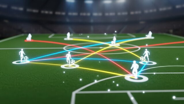 A soccer team uses a tactical strategy diagram on a green football field with colorful lines and player icons.