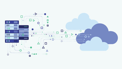 Servers transferring data to the cloud, depicted by abstract shapes and cloud icons, representing cloud migration and data transfer processes.