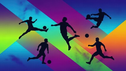 A vibrant illustration of soccer players in action against a colorful background