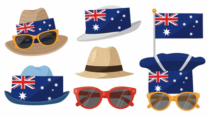 Australian themed hats, sunglasses and flag showcasing national pride and festive spirit for celebrations and events