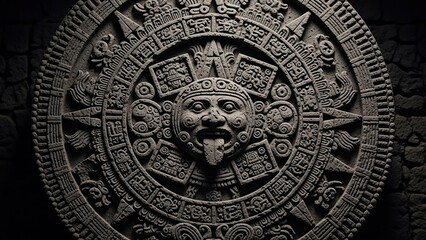 Naklejka premium The intricately carved Aztec calendar stone is a historical marvel, a testament to the ancient civilization's astronomical knowledge