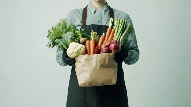 Organic food. Healthy quality lifestyle. A person in a blue shirt and black apron holds a brown paper bag filled with fresh vegetables.