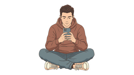 Young man sitting cross-legged using smartphone.
