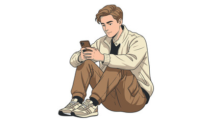 Young man sitting on the floor engrossed in his smartphone.